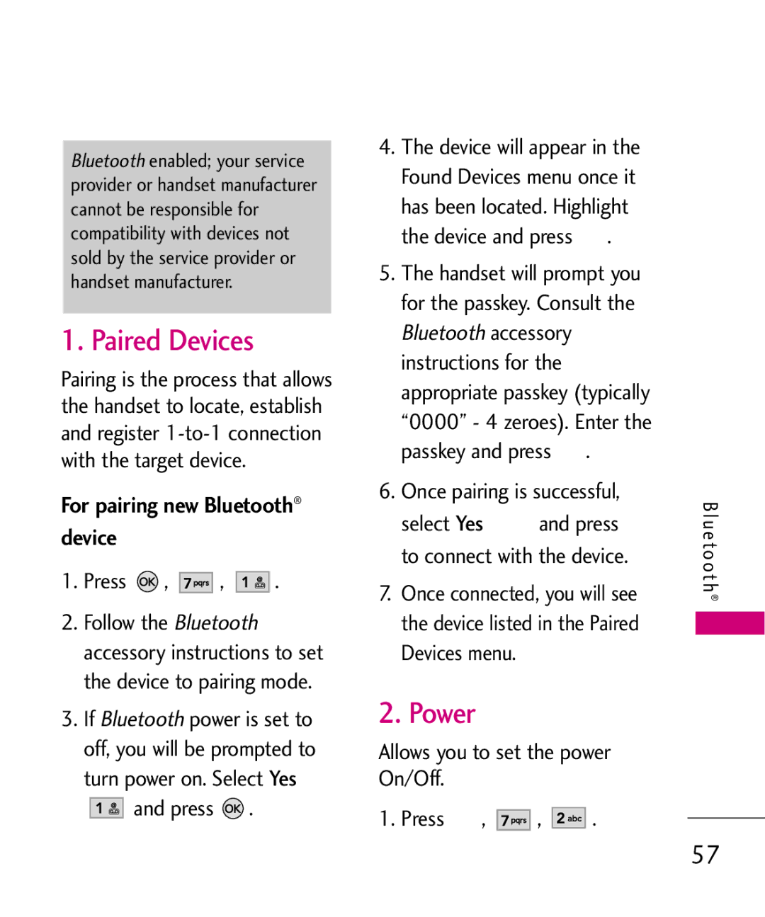 LG Electronics AX260 manual Paired Devices, Power, For pairing new Bluetooth device, Once pairing is successful 