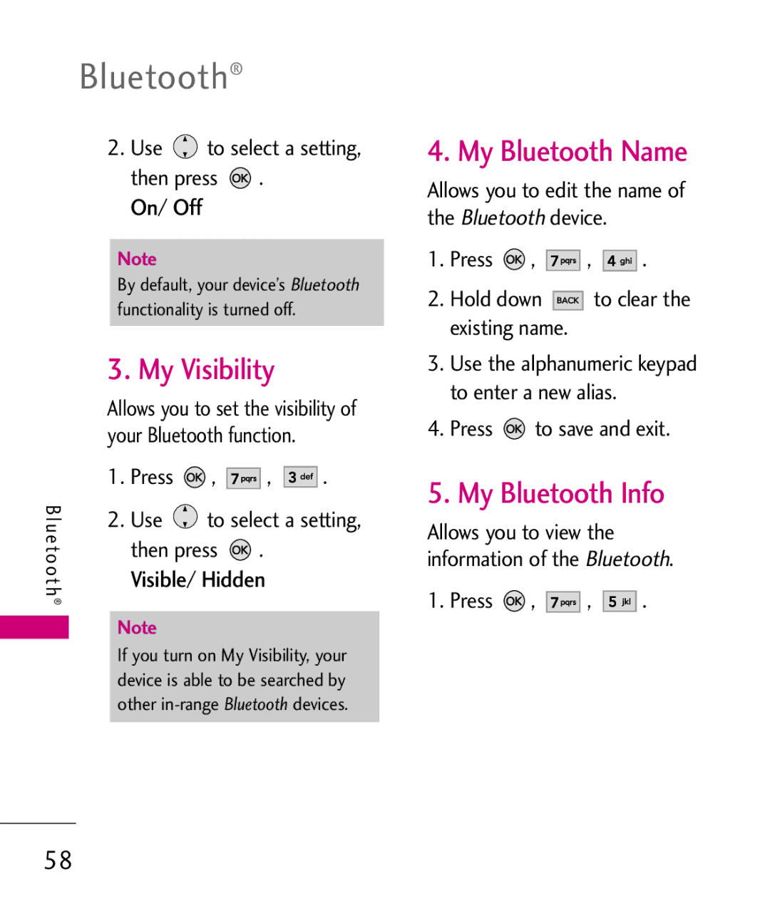 LG Electronics AX260 manual My Visibility, My Bluetooth Name, My Bluetooth Info, On/ Off 