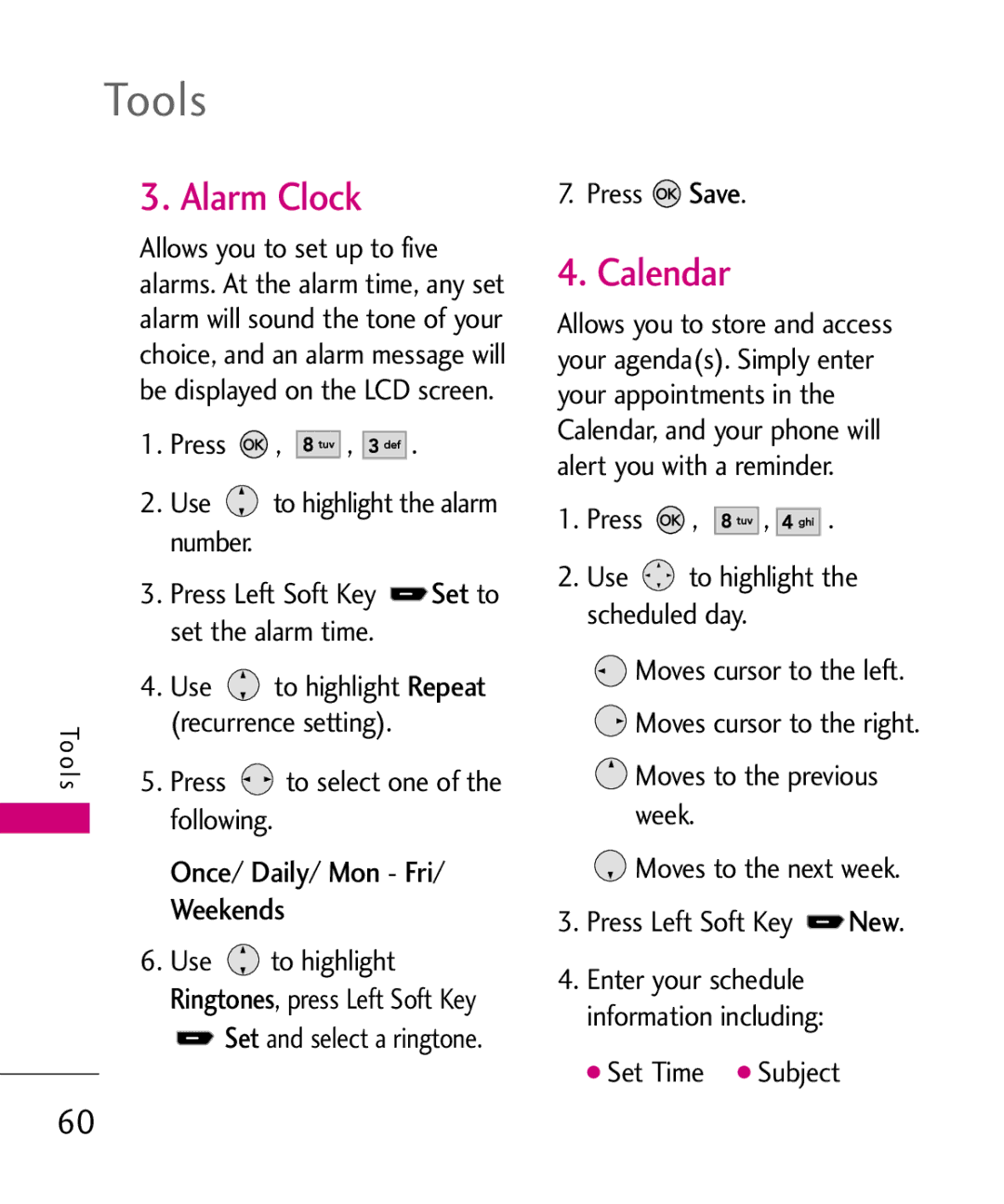 LG Electronics AX260 manual Alarm Clock, Calendar, Set to, Once/ Daily/ Mon Fri Weekends 