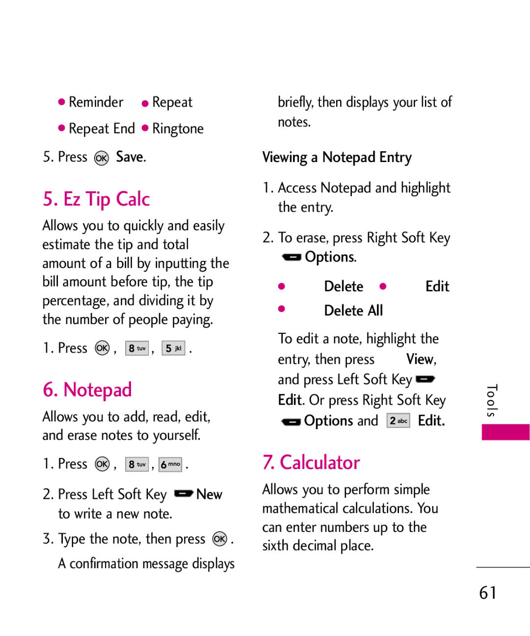 LG Electronics AX260 manual Ez Tip Calc, Calculator, Viewing a Notepad Entry, Options Delete Edit Delete All 