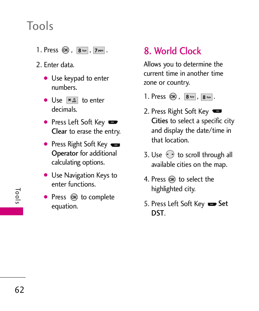 LG Electronics AX260 manual World Clock, Use keypad to enter, Enter functions 