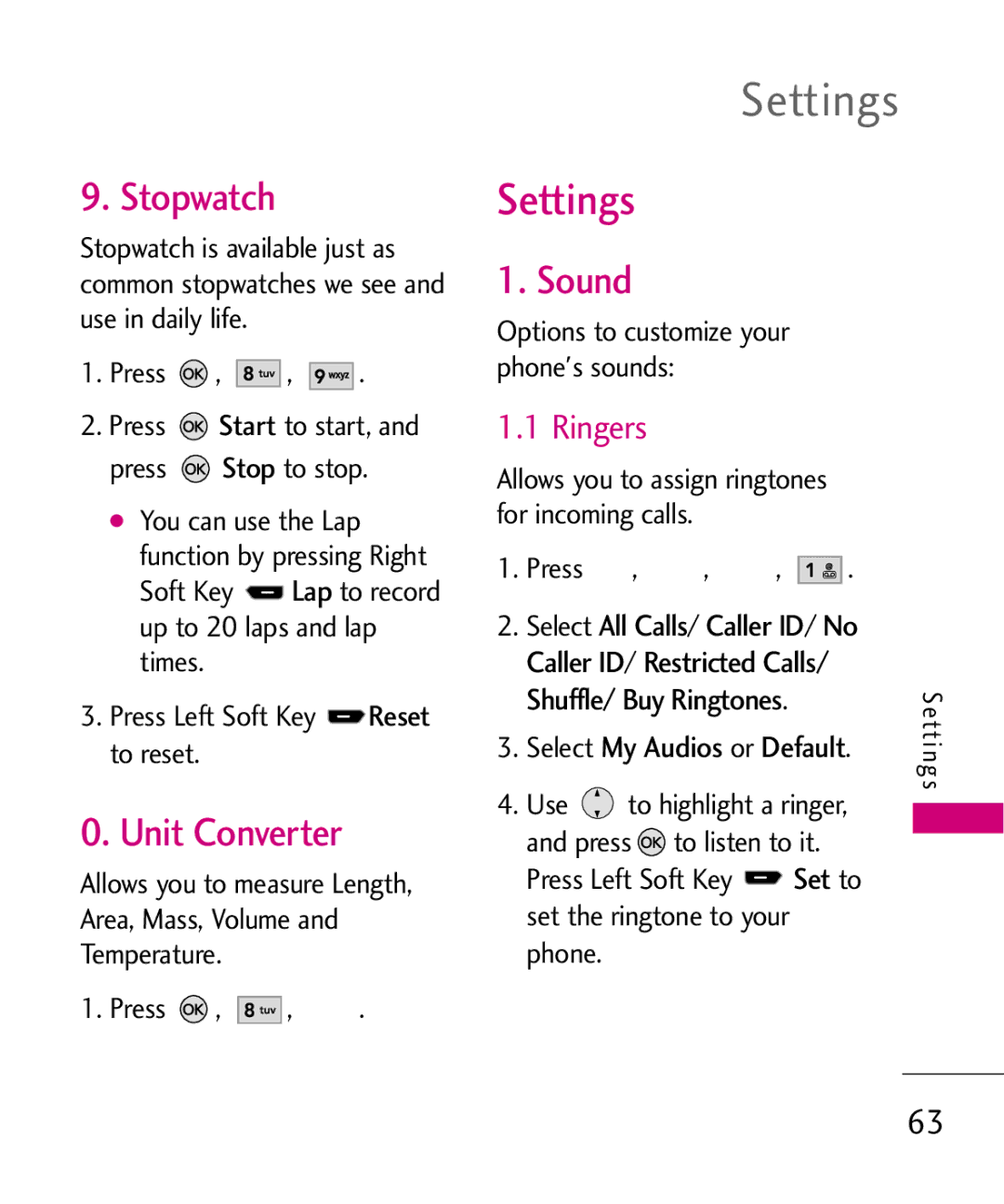 LG Electronics AX260 manual Settings, Stopwatch, Unit Converter, Sound, Ringers 