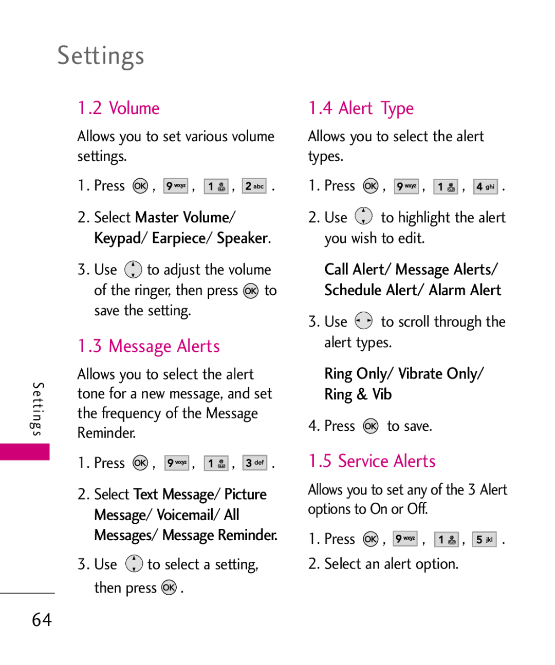 LG Electronics AX260 manual Volume, Alert Type, Service Alerts, Ring Only/ Vibrate Only/ Ring & Vib, Message Alerts 