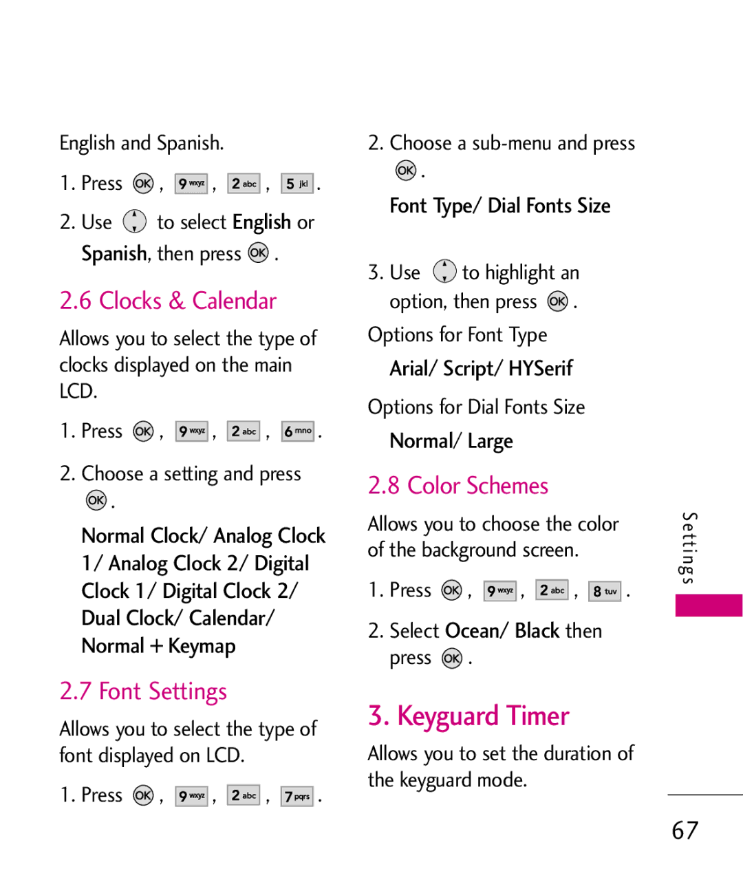 LG Electronics AX260 manual Keyguard Timer, Clocks & Calendar, Font Settings, Color Schemes 