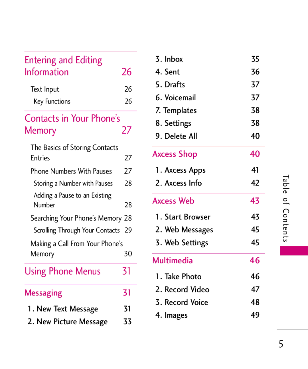 LG Electronics AX260 manual Information, Contacts in Your Phone’s Memory27 