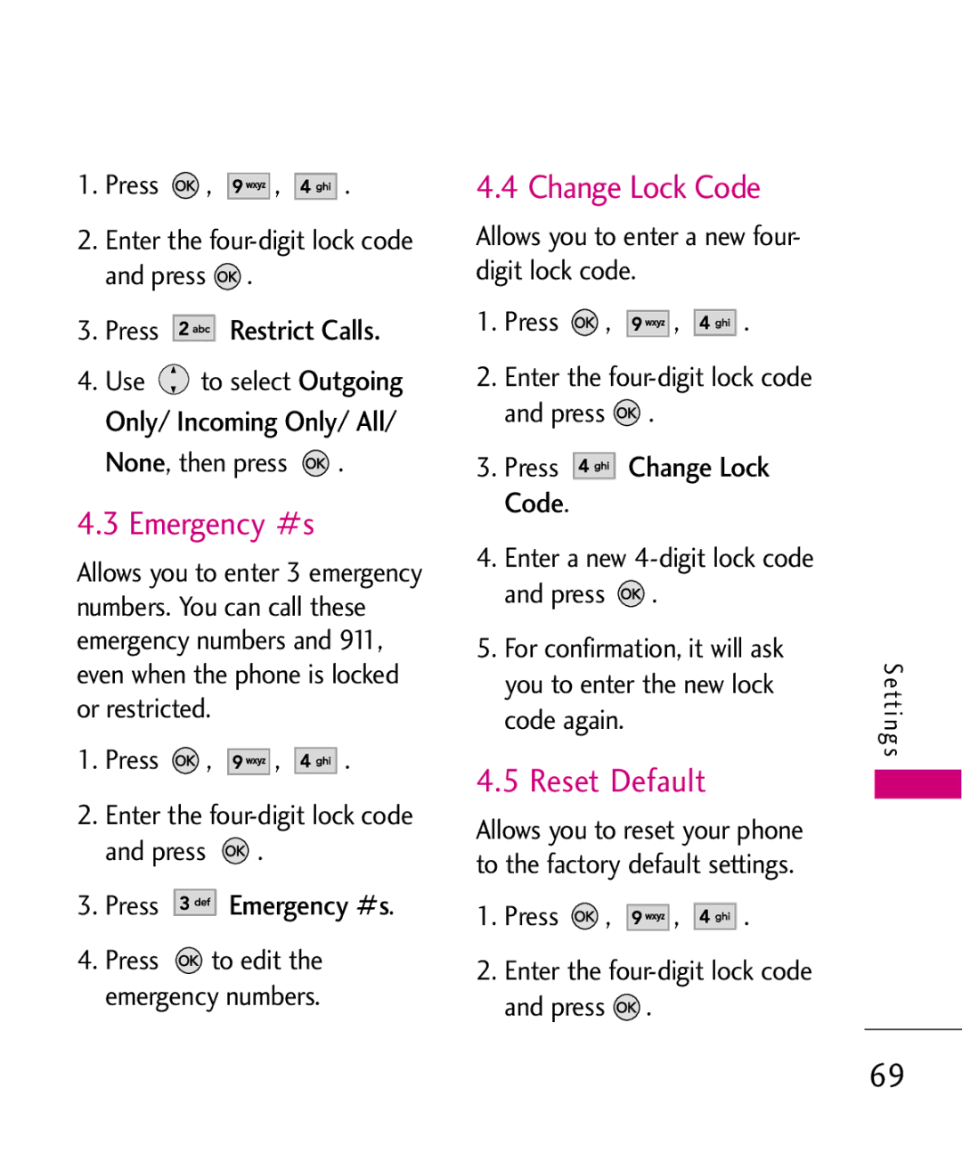 LG Electronics AX260 manual Emergency #s, Change Lock Code, Reset Default 