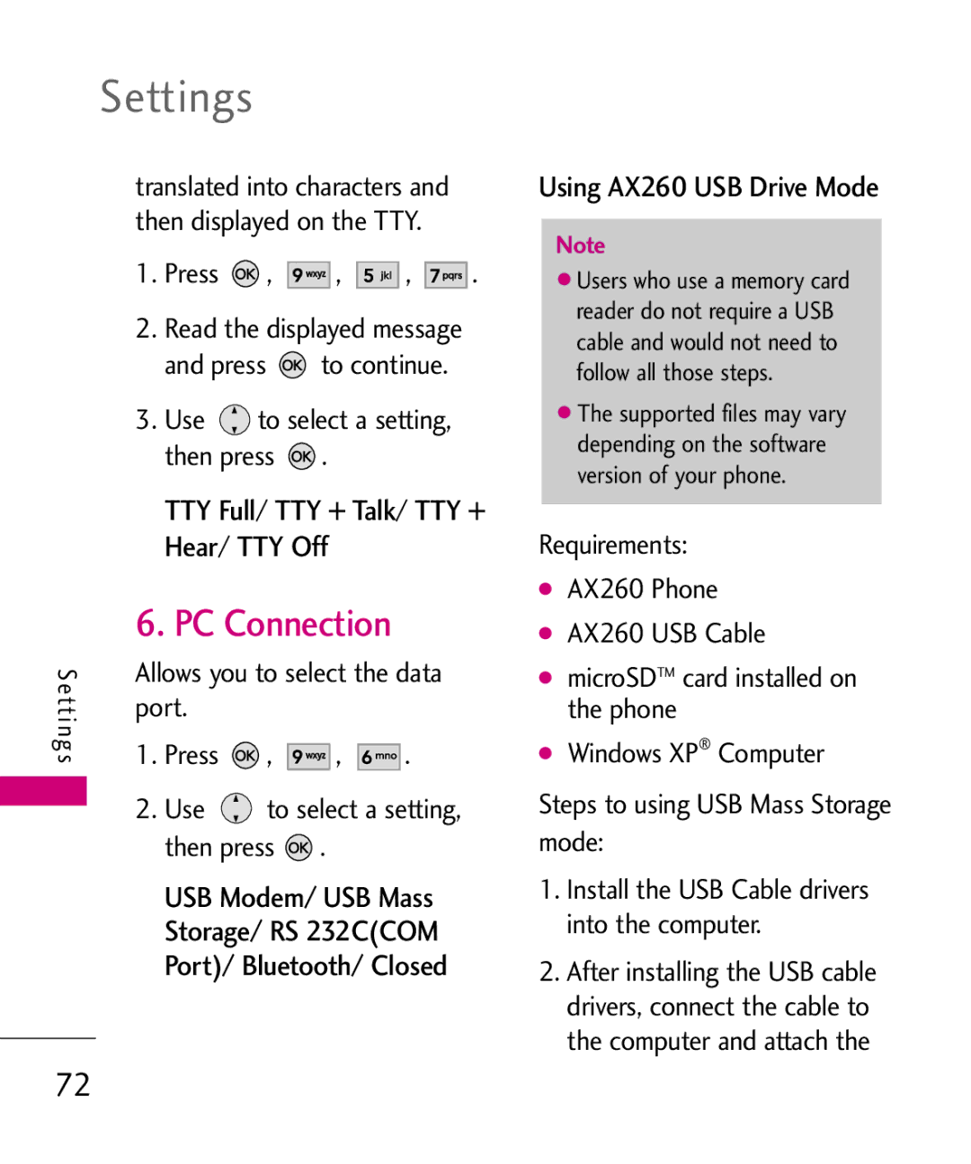 LG Electronics AX260 manual PC Connection, TTY Full/ TTY + Talk/ TTY + Hear/ TTY Off 