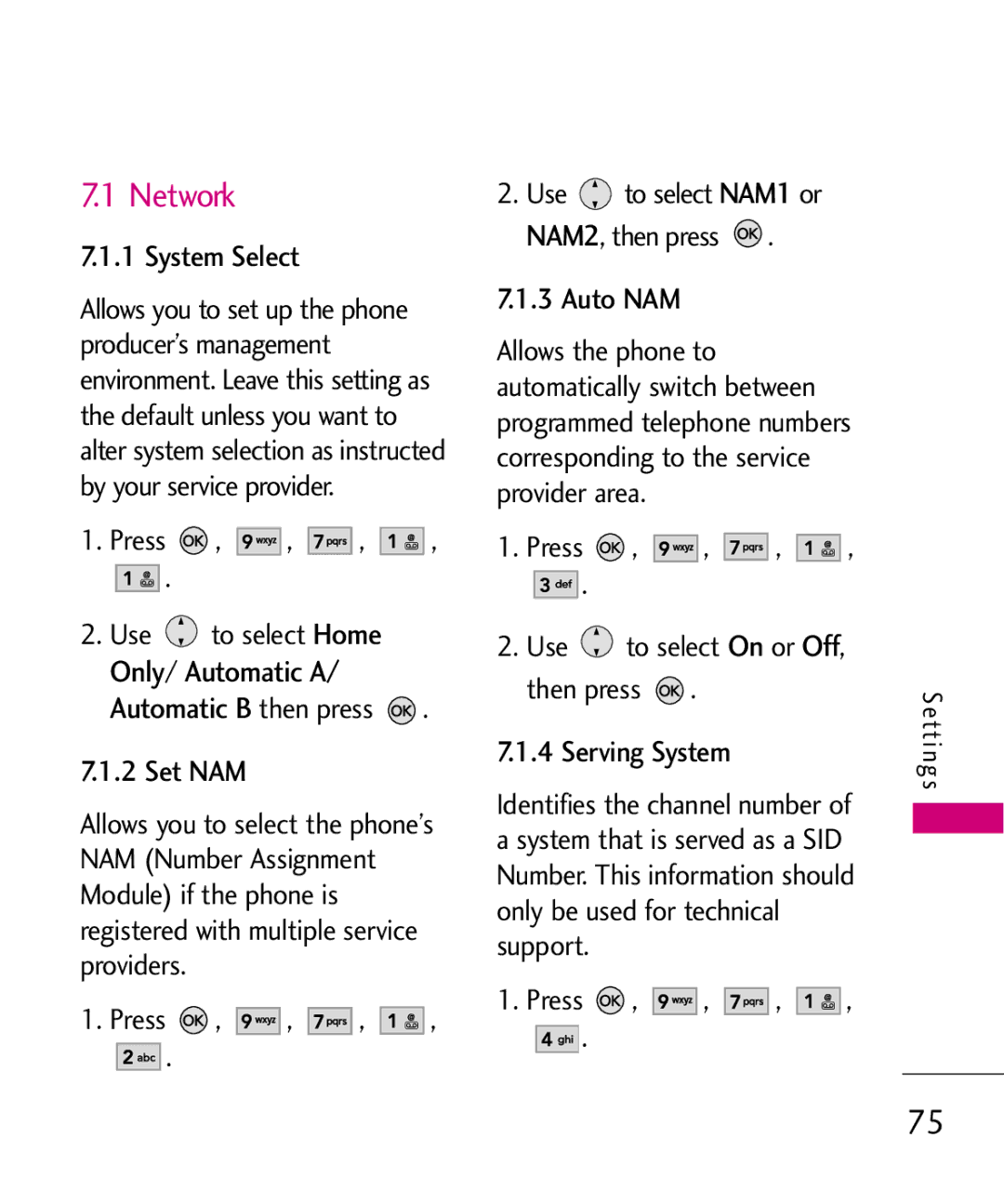 LG Electronics AX260 manual Network, System Select, Auto NAM, Press Use to select On or Off, then press Serving System 