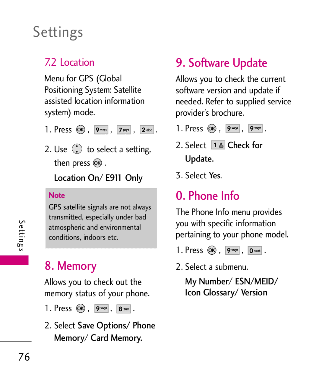 LG Electronics AX260 manual Memory, Software Update, Phone Info, Location On/ E911 Only 