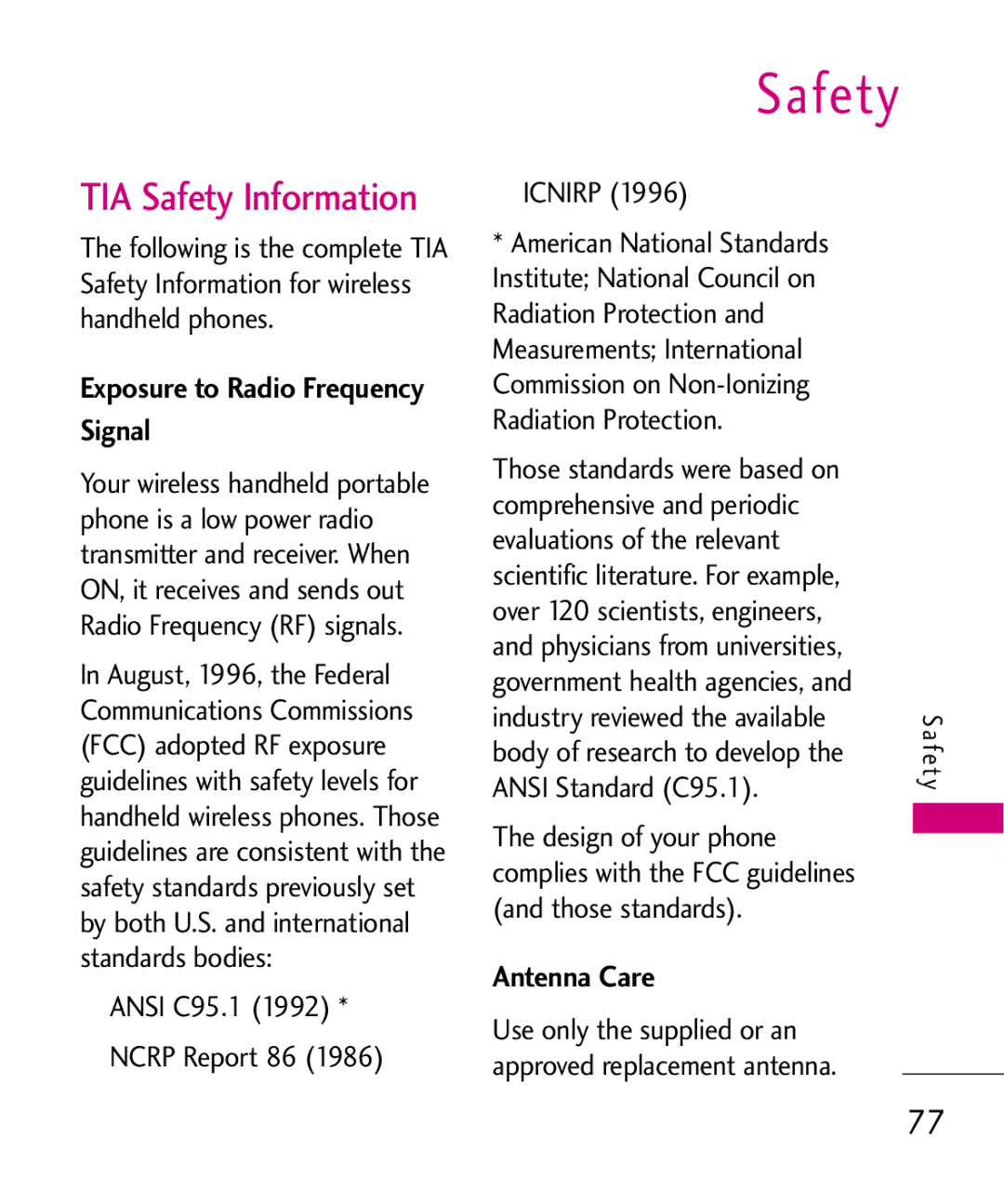 LG Electronics AX260 manual TIA Safety Information, Exposure to Radio Frequency Signal, Antenna Care 