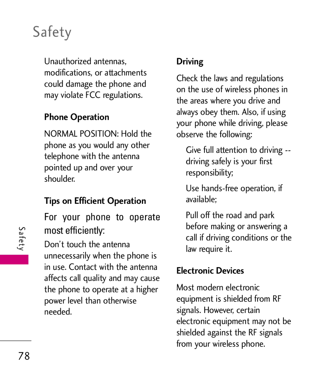 LG Electronics AX260 manual Safety, Phone Operation, Most efficiently, Driving, Electronic Devices 