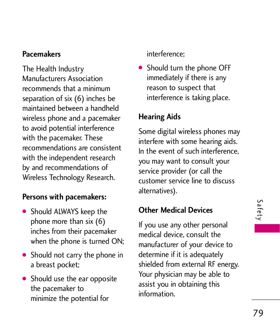 LG Electronics AX260 manual Pacemakers, Persons with pacemakers, Hearing Aids, Other Medical Devices 