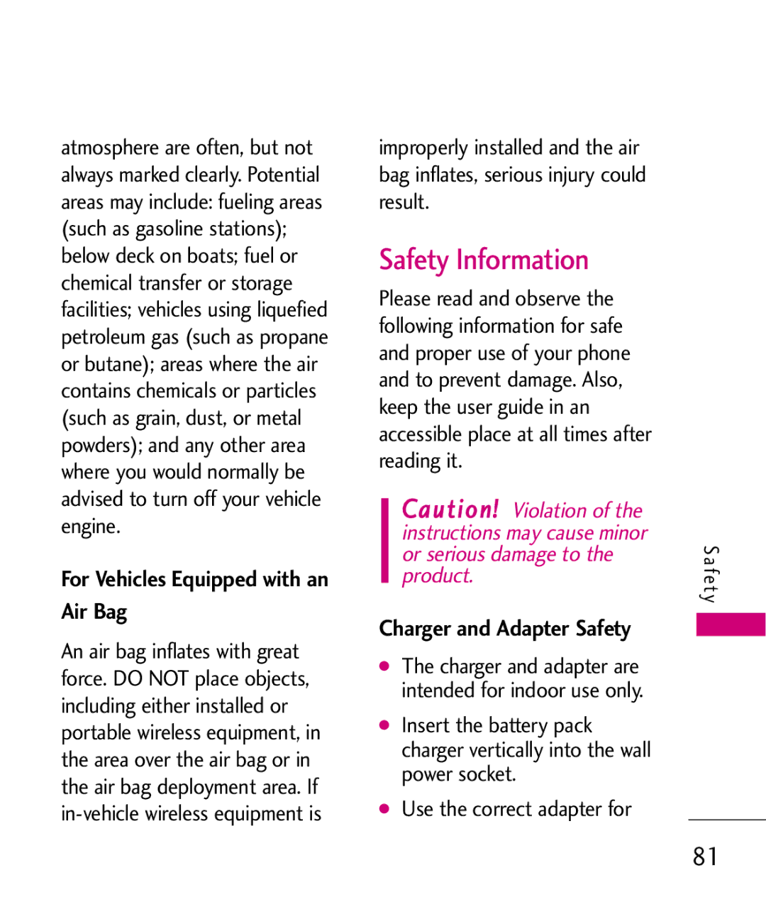 LG Electronics AX260 manual Safety Information, For Vehicles Equipped with an Air Bag, Charger and Adapter Safety 