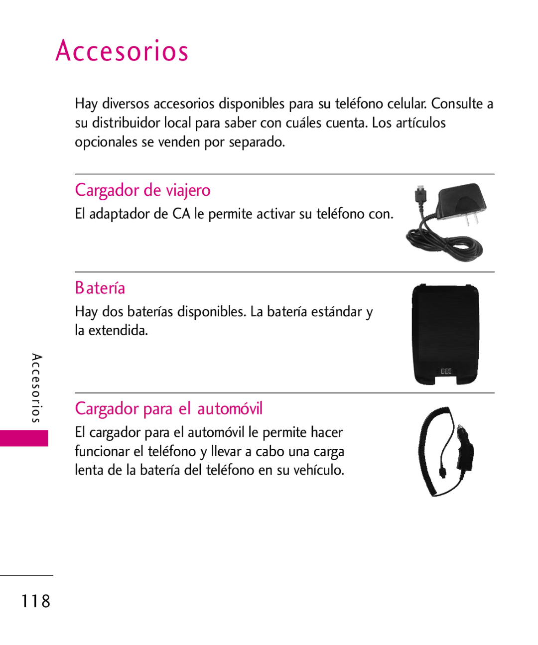 LG Electronics AX260 manual Cargador de viajero, Batería, Cargador para el automóvil, 118 