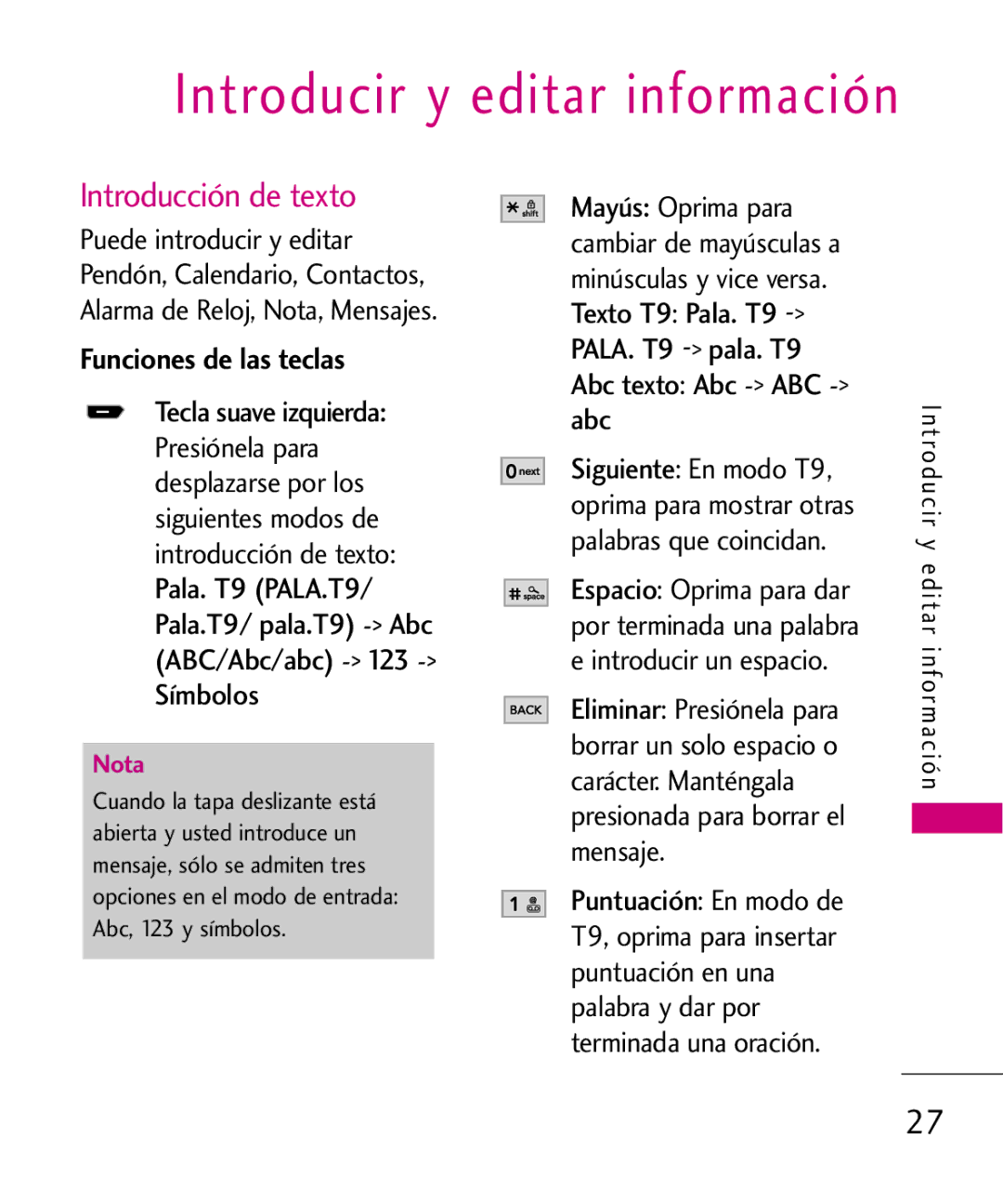 LG Electronics AX260 manual Introducción de texto, Funciones de las teclas 