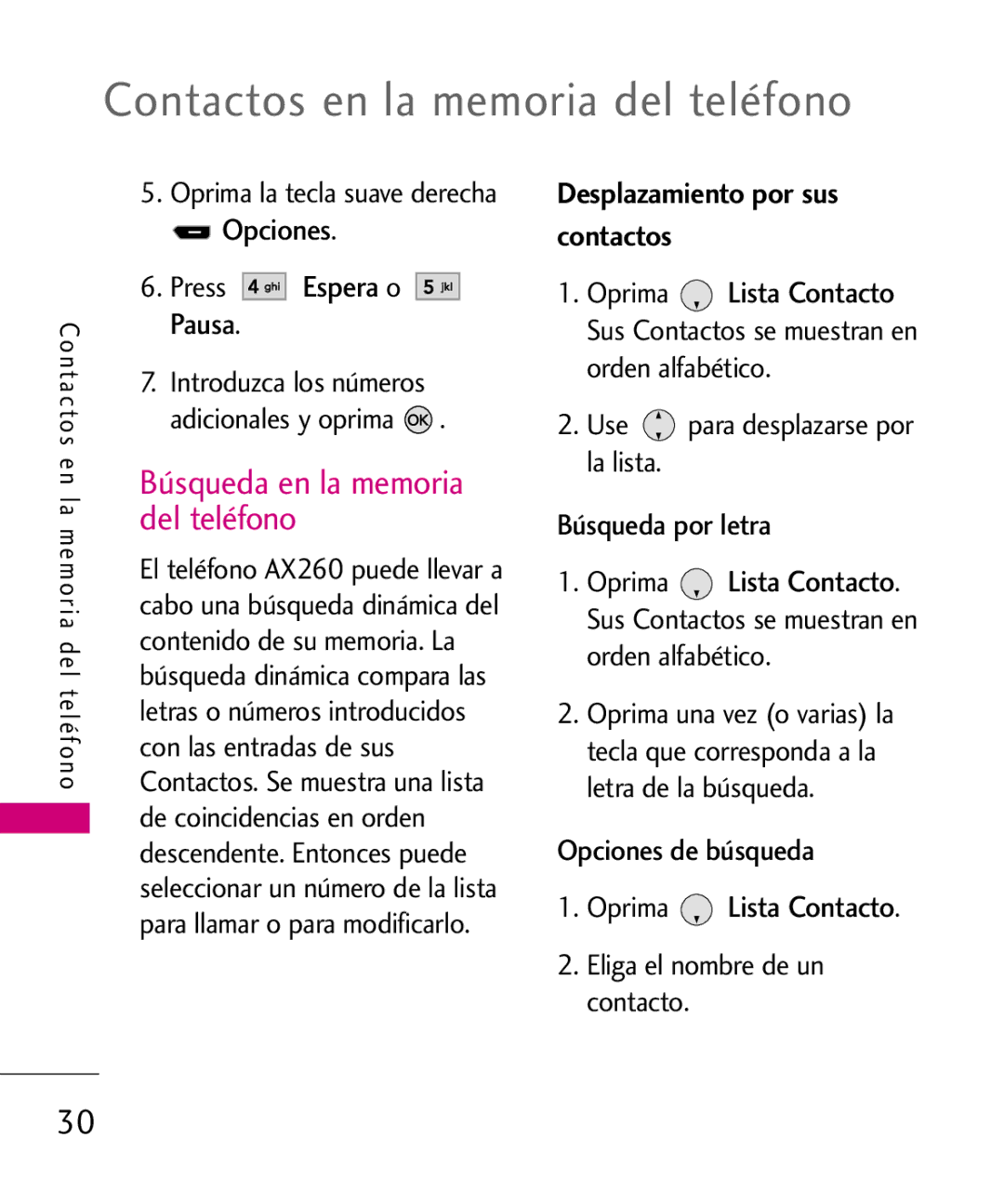 LG Electronics AX260 manual Contactos en la memoria del teléfono, Búsqueda en la memoria del teléfono, Opciones 