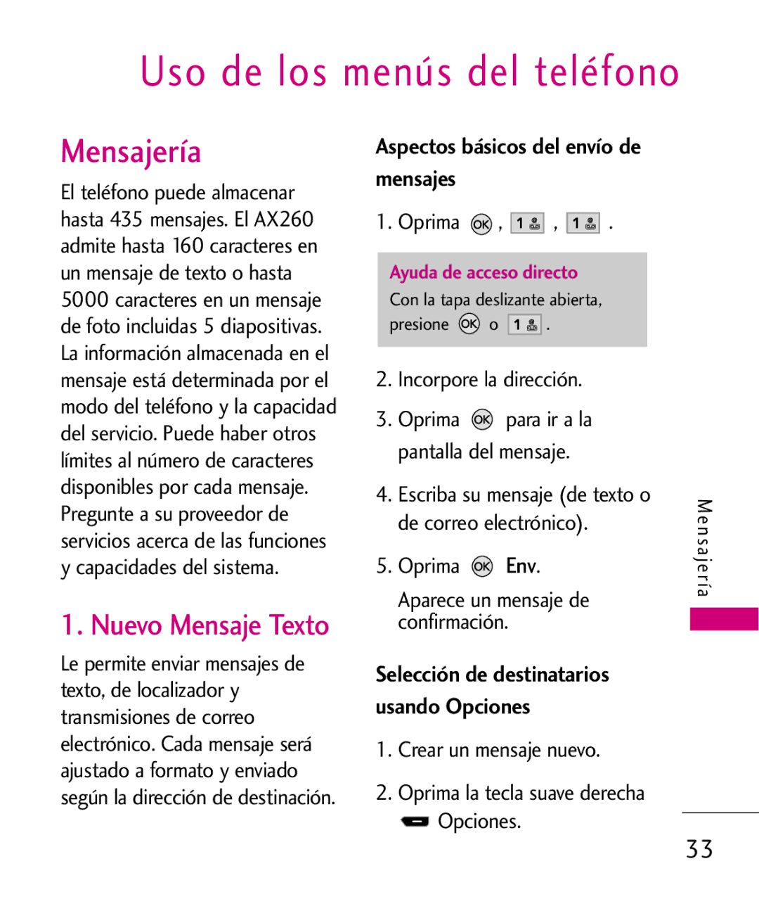 LG Electronics AX260 manual Nuevo Mensaje Texto, Aspectos básicos del envío de mensajes 