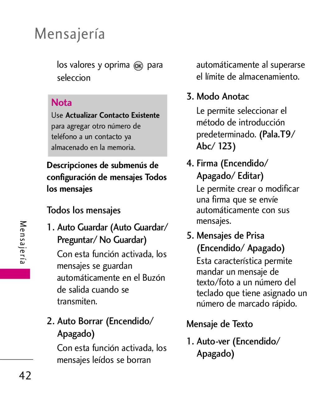 LG Electronics AX260 manual Todos los mensajes, Modo Anotac, Mensaje de Texto 