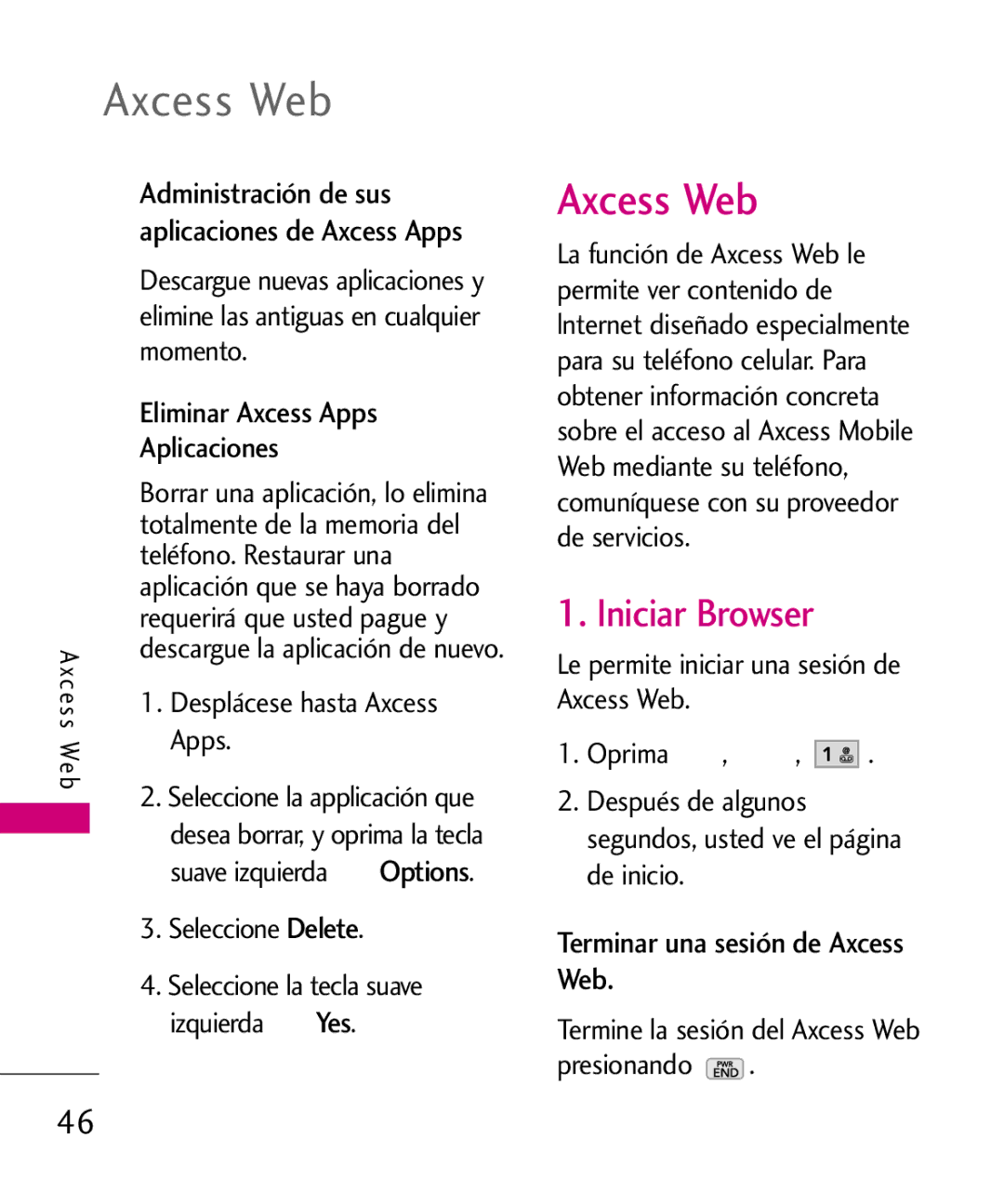 LG Electronics AX260 manual Iniciar Browser, Eliminar Axcess Apps, Options, Terminar una sesión de Axcess Web 