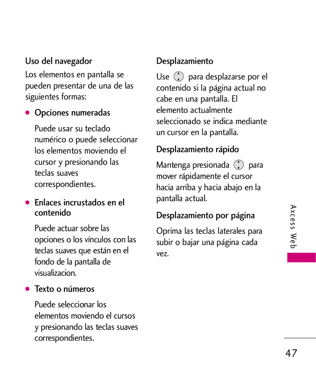 LG Electronics AX260 manual Uso del navegador, Opciones numeradas, Texto o números, Desplazamiento rápido 