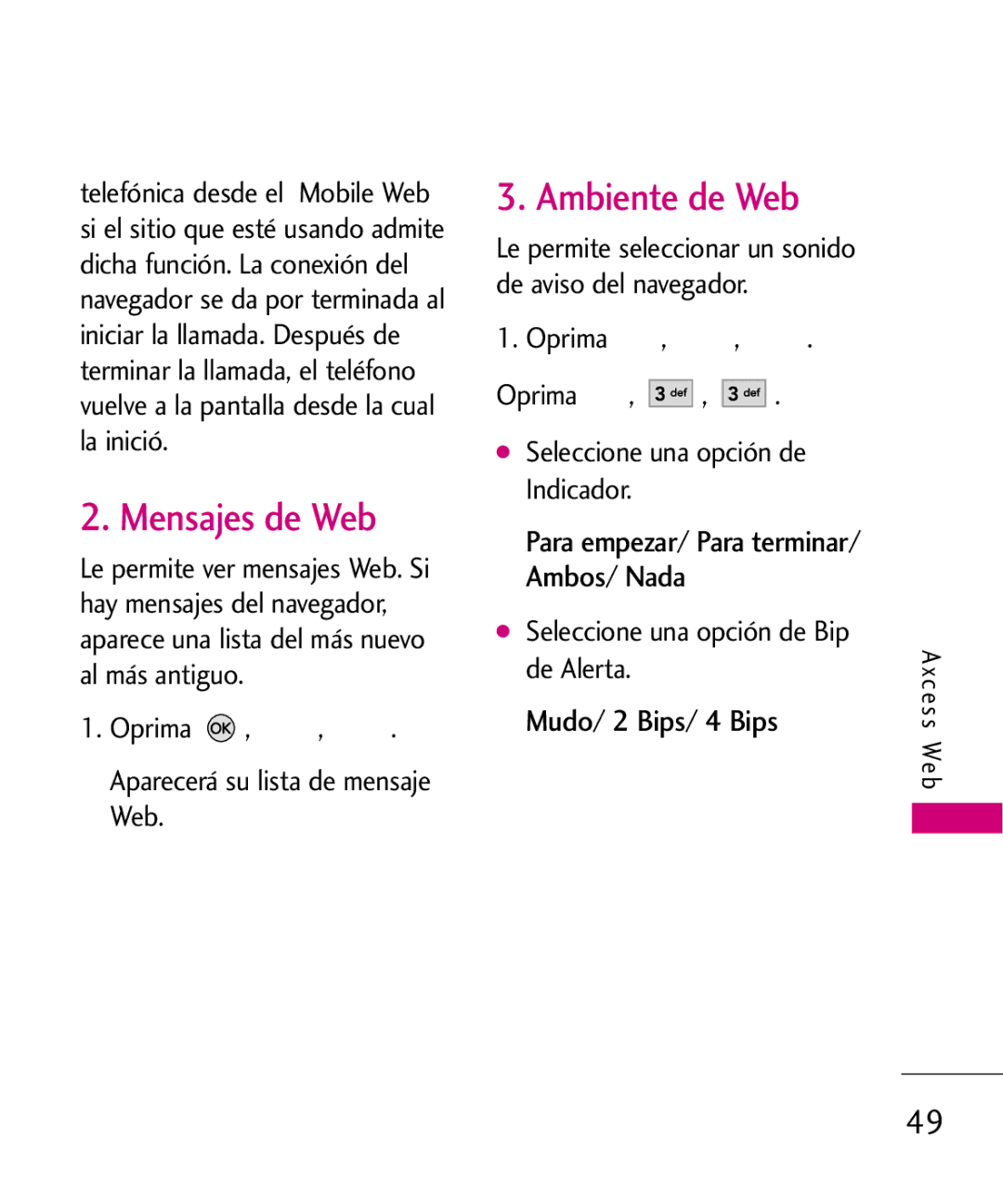 LG Electronics AX260 Mensajes de Web, Ambiente de Web, Para empezar/ Para terminar/ Ambos/ Nada, Mudo/ 2 Bips/ 4 Bips 