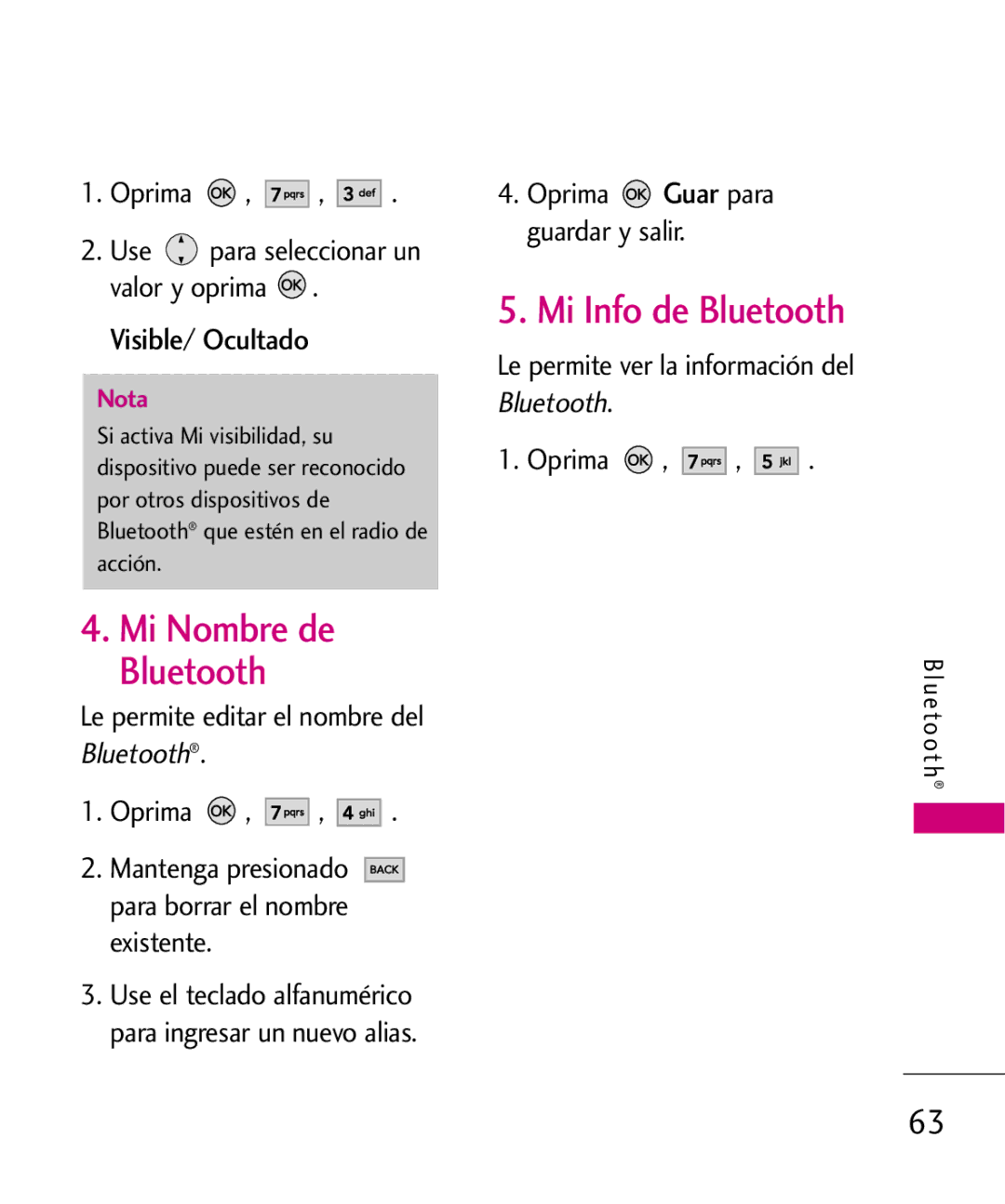 LG Electronics AX260 manual Mi Nombre de Bluetooth, Mi Info de Bluetooth, Oprima Guar para guardar y salir, U e to o t h 