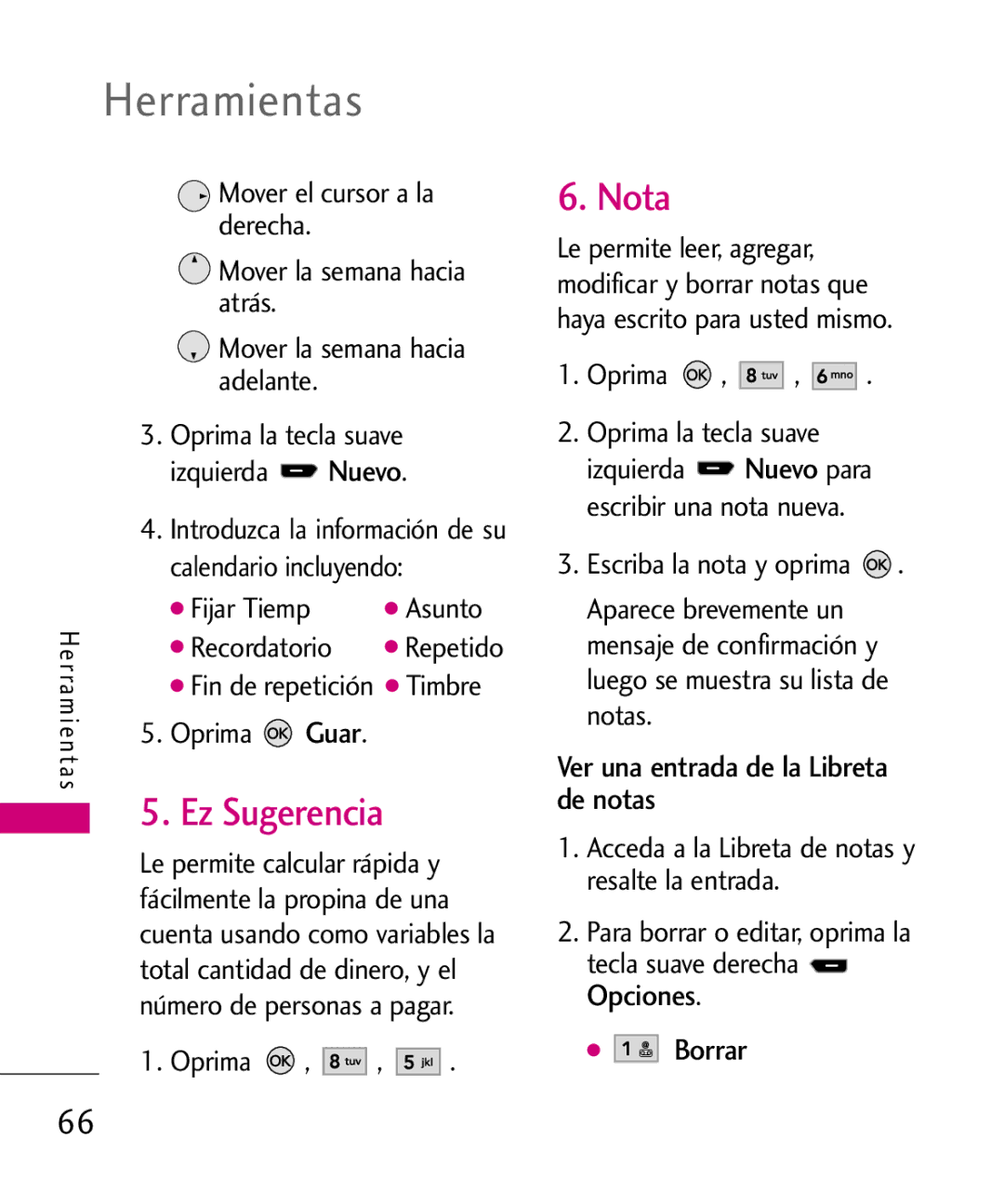 LG Electronics AX260 manual Ez Sugerencia, Nota, Ver una entrada de la Libreta de notas, Borrar 