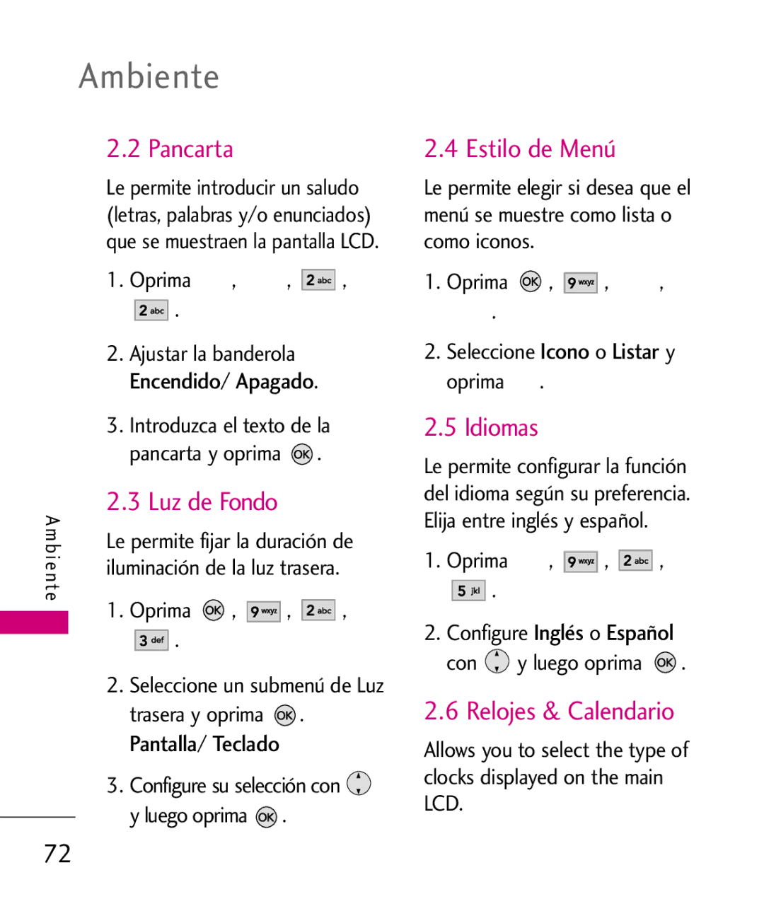 LG Electronics AX260 manual Pancarta, Luz de Fondo, Estilo de Menú, Idiomas, Relojes & Calendario 