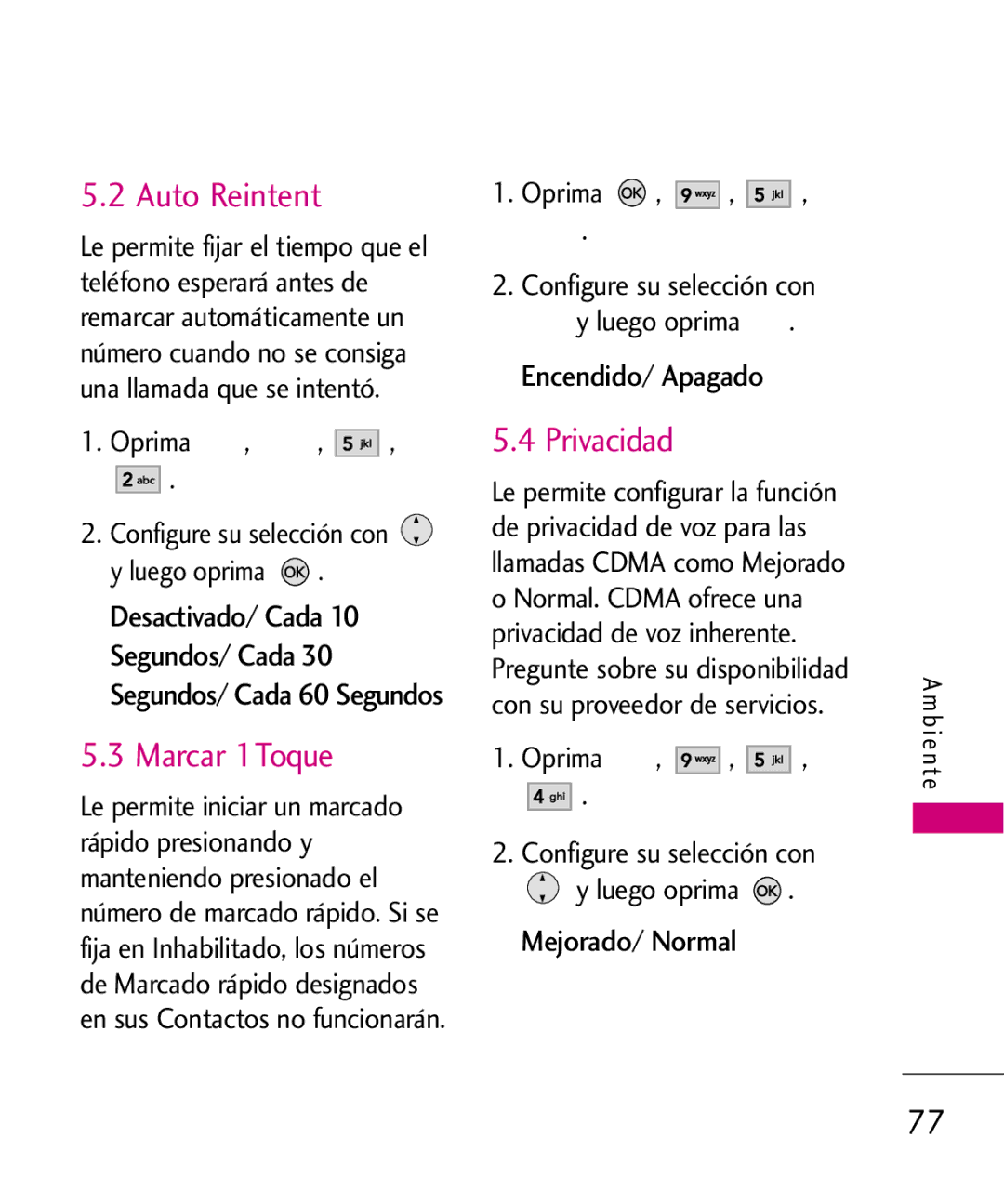 LG Electronics AX260 manual Auto Reintent, Marcar 1Toque, Privacidad, Encendido/ Apagado, Mejorado/ Normal 