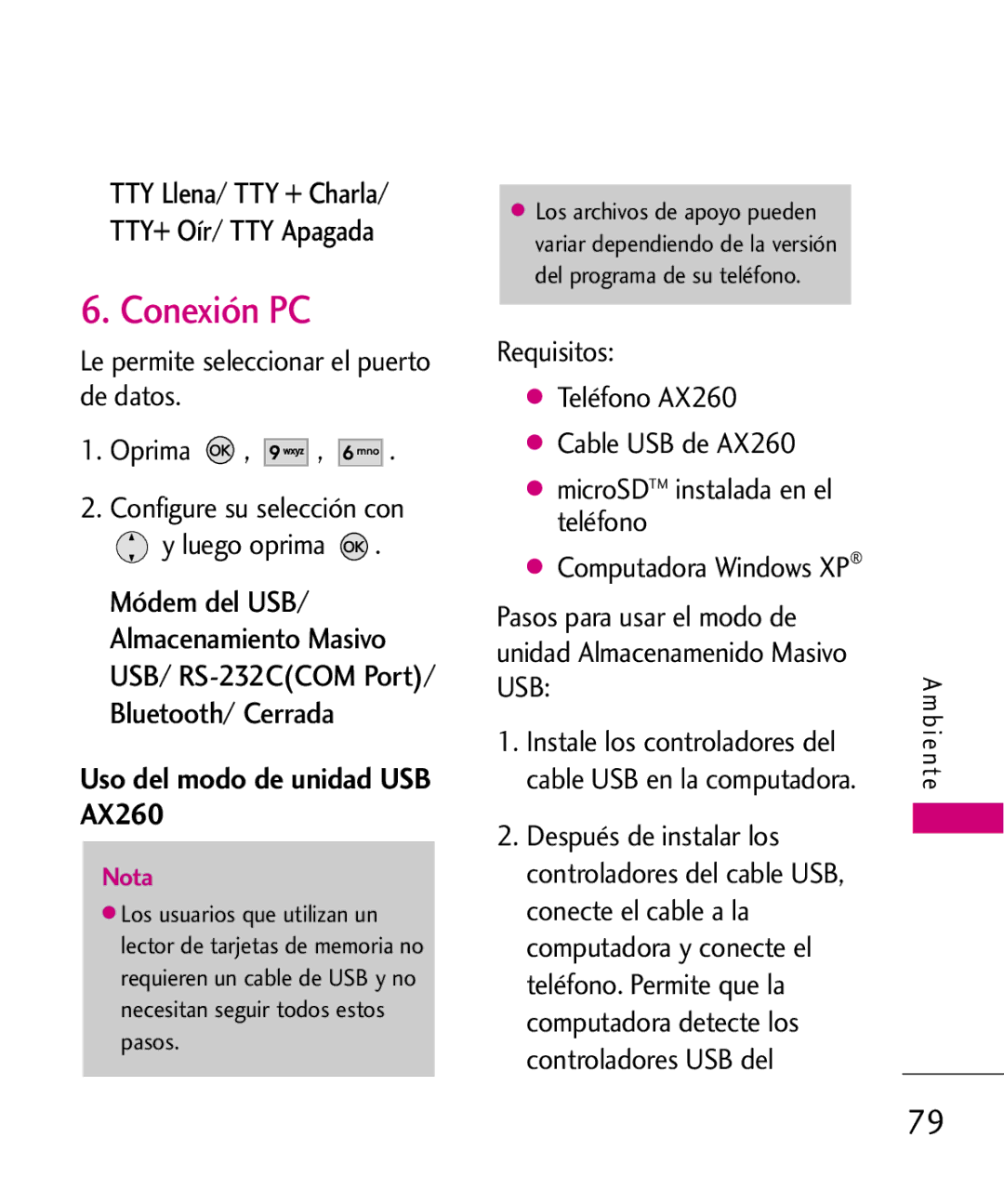 LG Electronics manual Conexión PC, Uso del modo de unidad USB AX260, TTY Llena/ TTY + Charla/ TTY+ Oír/ TTY Apagada 