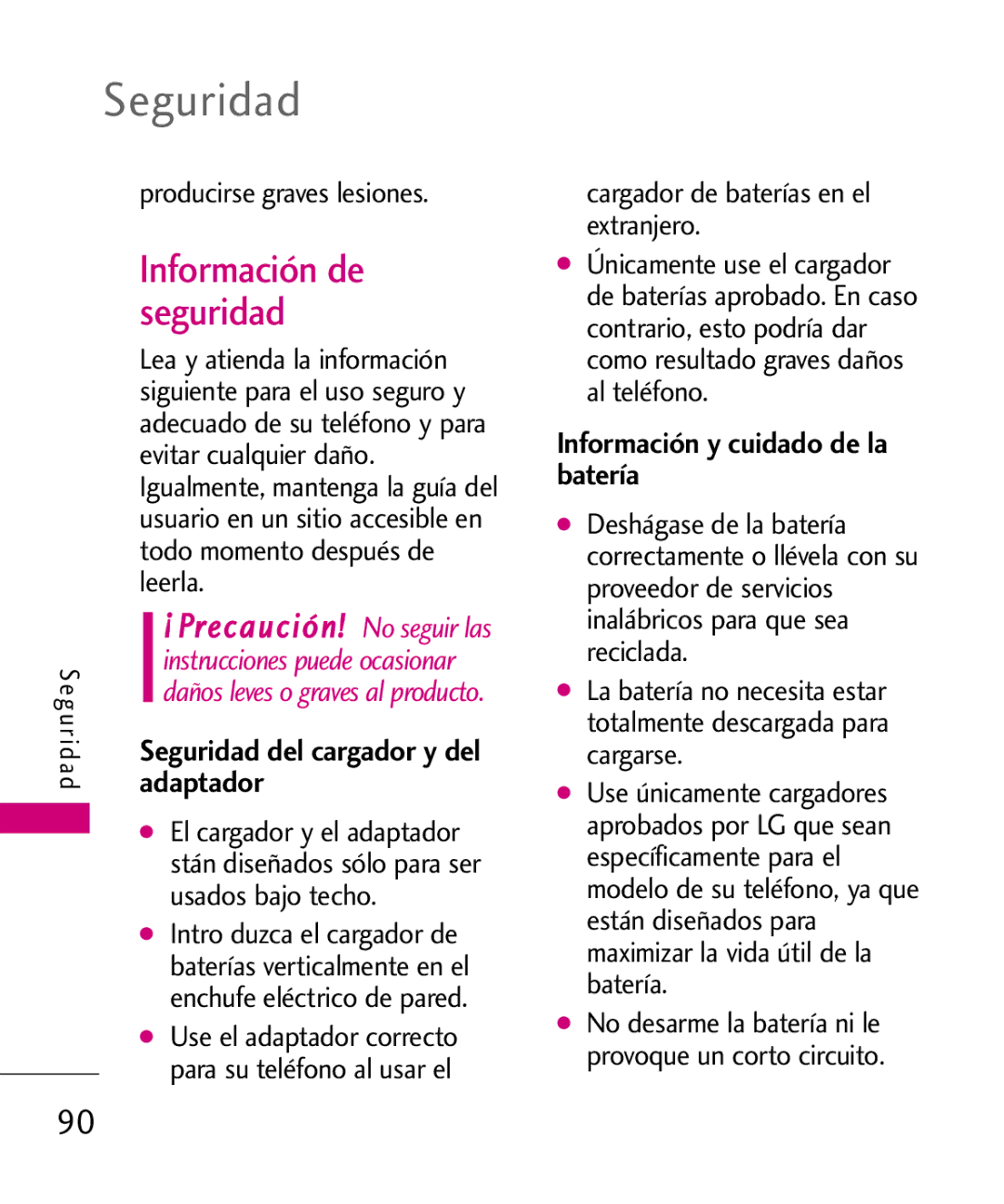 LG Electronics AX260 manual Información de seguridad, Adaptador, Información y cuidado de la batería 