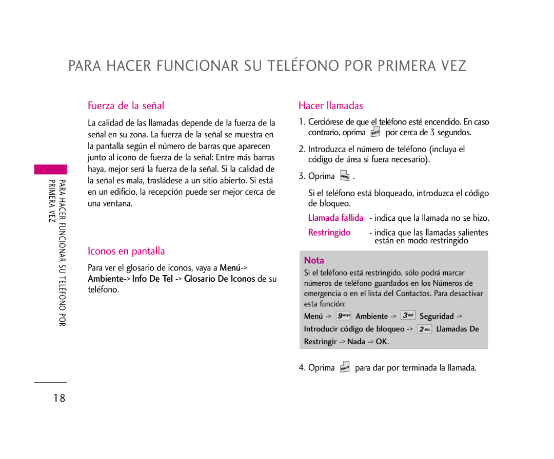 LG Electronics AX275 Fuerza de la señal, Iconos en pantalla, Hacer llamadas, Contrario, oprima por cerca de 3 segundos 