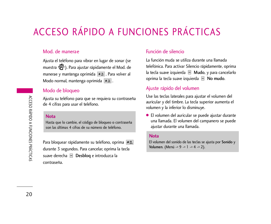 LG Electronics AX275 manual Mod. de manerae, Función de silencio, Modo de bloqueo, Ajuste rápido del volumen 