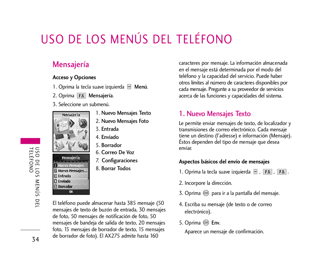 LG Electronics AX275 manual USO DE LOS Menús DEL Teléfono, Nuevo Mensajes Texto, Acceso y Opciones, Oprima Mensajería 