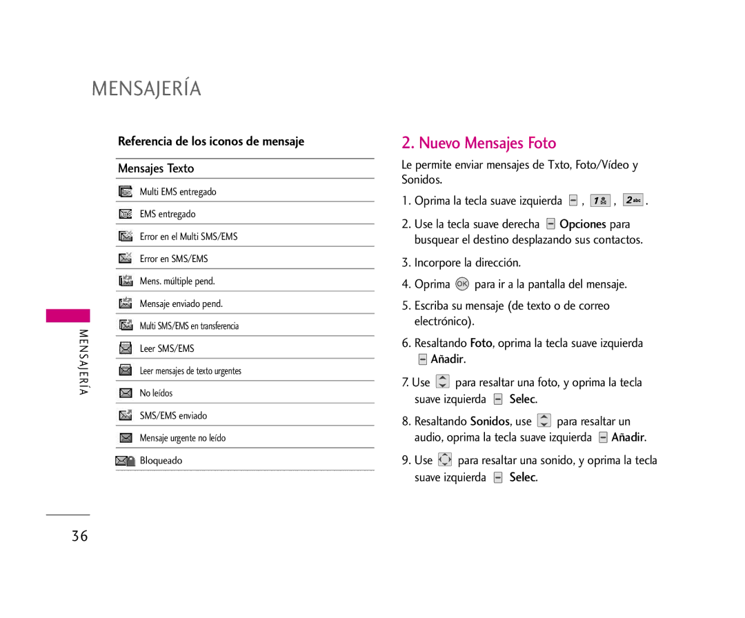 LG Electronics AX275 manual Nuevo Mensajes Foto, Referencia de los iconos de mensaje, Mensajes Texto 