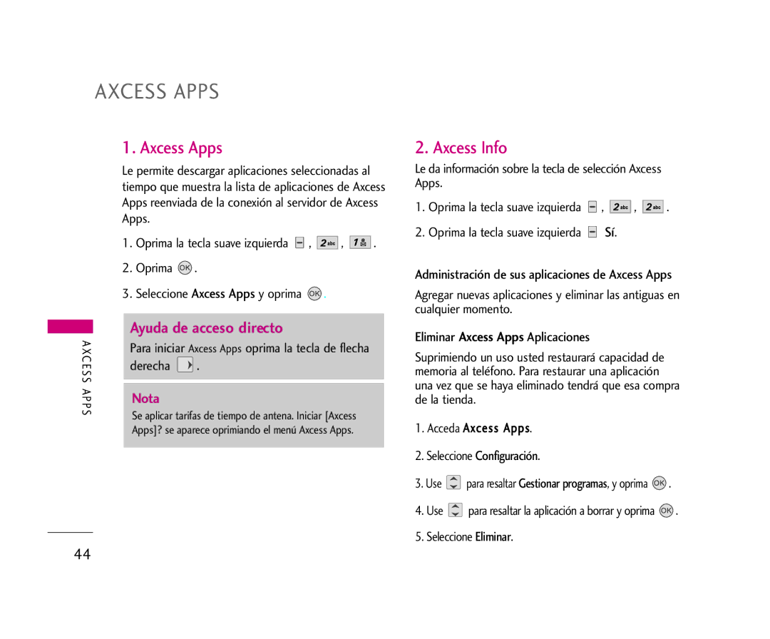 LG Electronics AX275 manual Axcess Apps, Axcess Info 