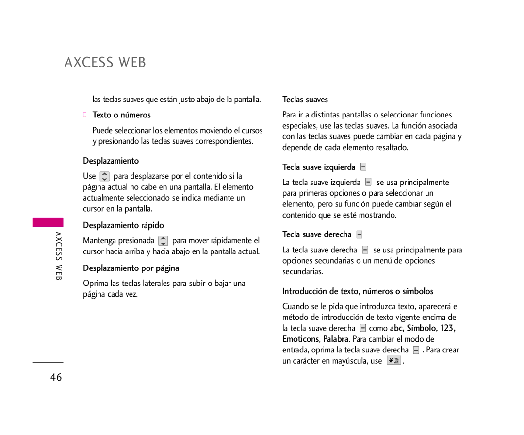 LG Electronics AX275 manual Texto o números, Desplazamiento rápido, Desplazamiento por página, Teclas suaves 