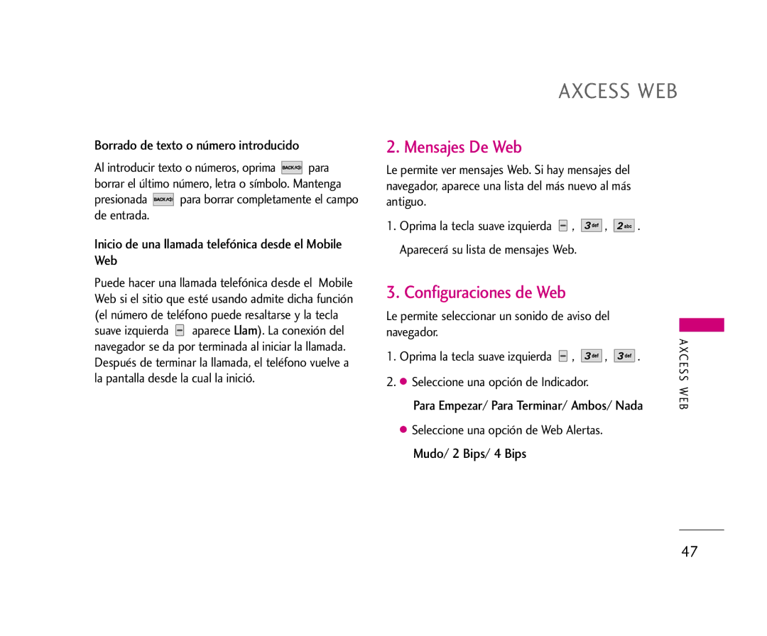 LG Electronics AX275 manual Mensajes De Web, Configuraciones de Web, Borrado de texto o número introducido 