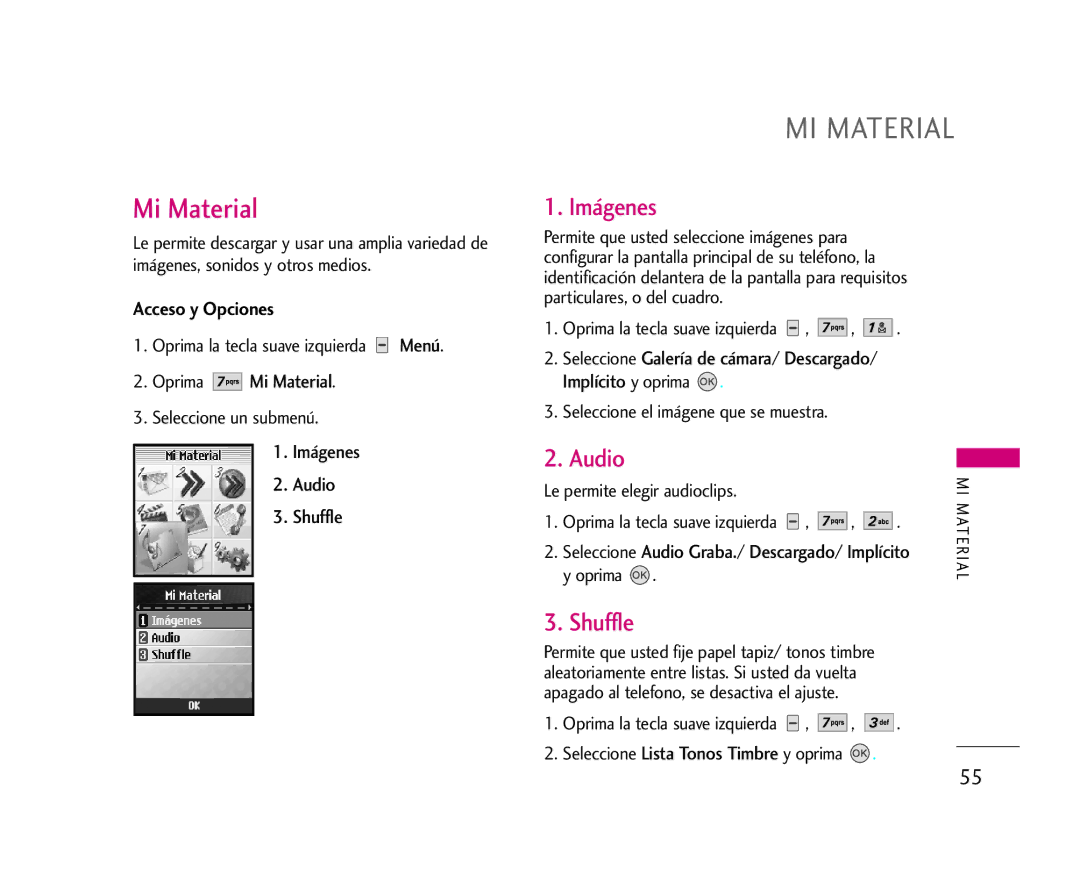 LG Electronics AX275 manual MI Material, Imágenes, Audio, Shuffle 