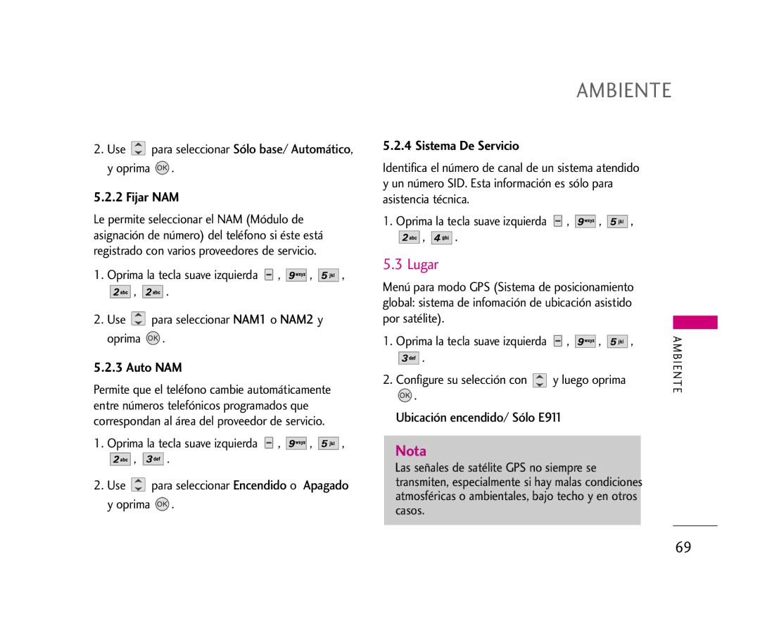 LG Electronics AX275 manual Lugar, Fijar NAM, Auto NAM, Sistema De Servicio, Ubicación encendido/ Sólo E911 