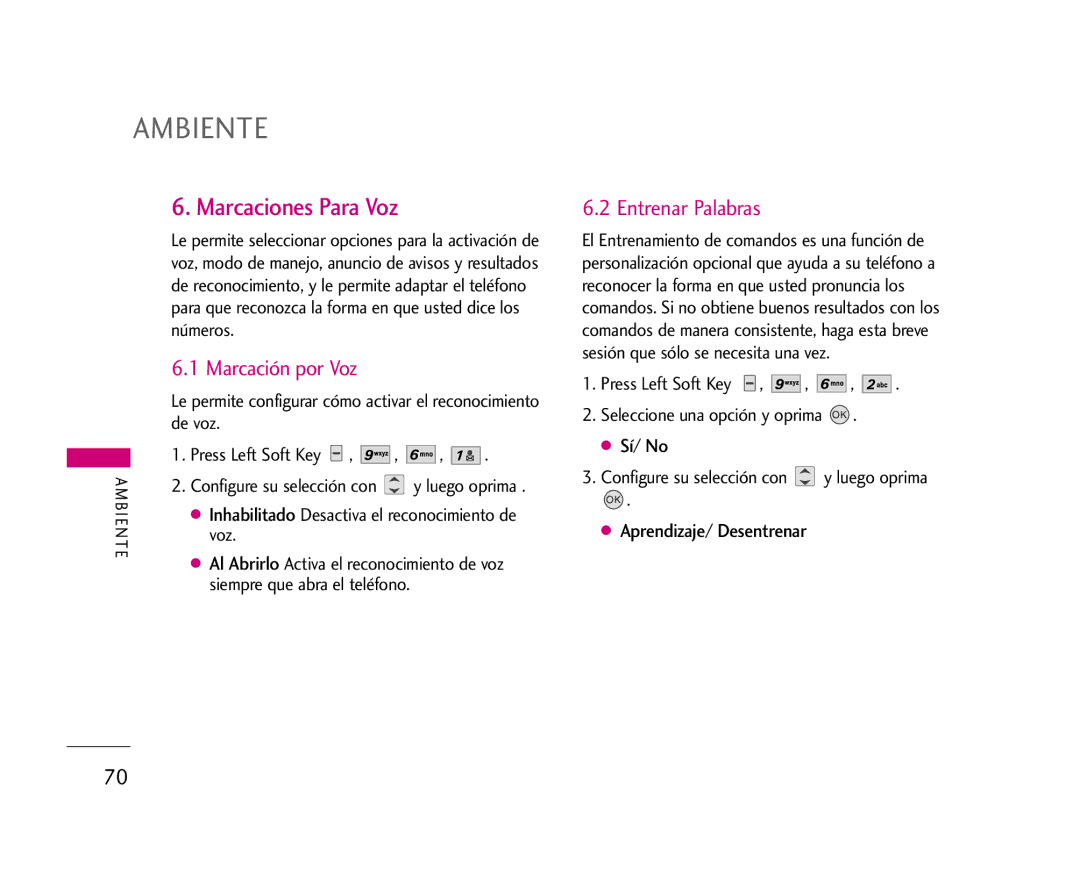 LG Electronics AX275 manual Marcaciones Para Voz, Marcación por Voz, Entrenar Palabras, Sí/ No, Aprendizaje/ Desentrenar 