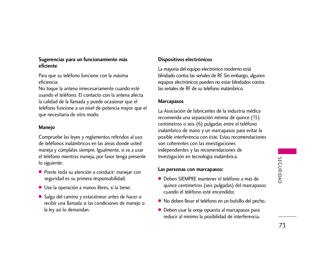 LG Electronics AX275 manual Sugerencias para un funcionamiento más eficiente, Manejo, Dispositivos electrónicos, Marcapasos 