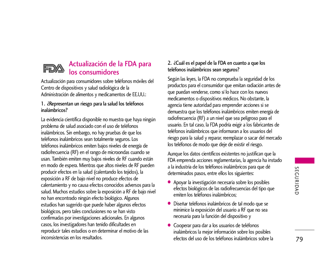 LG Electronics AX275 manual Actualización de la FDA para los consumidores 