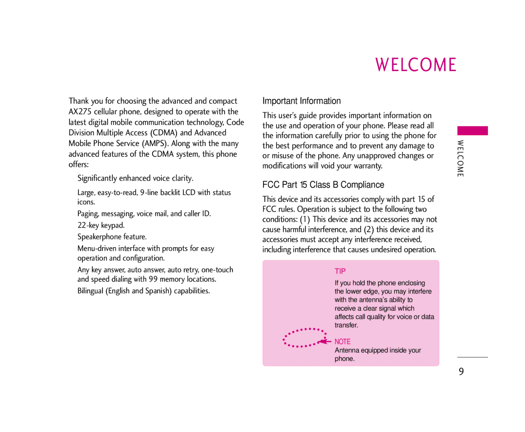 LG Electronics AX275 manual Welcome, Important Information, FCC Part 15 Class B Compliance 