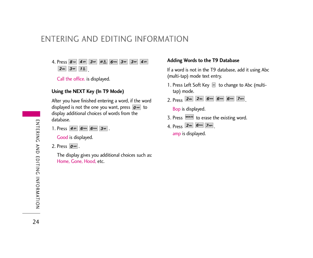 LG Electronics AX275 Entering and Editing Information, Using the Next Key In T9 Mode, Adding Words to the T9 Database 