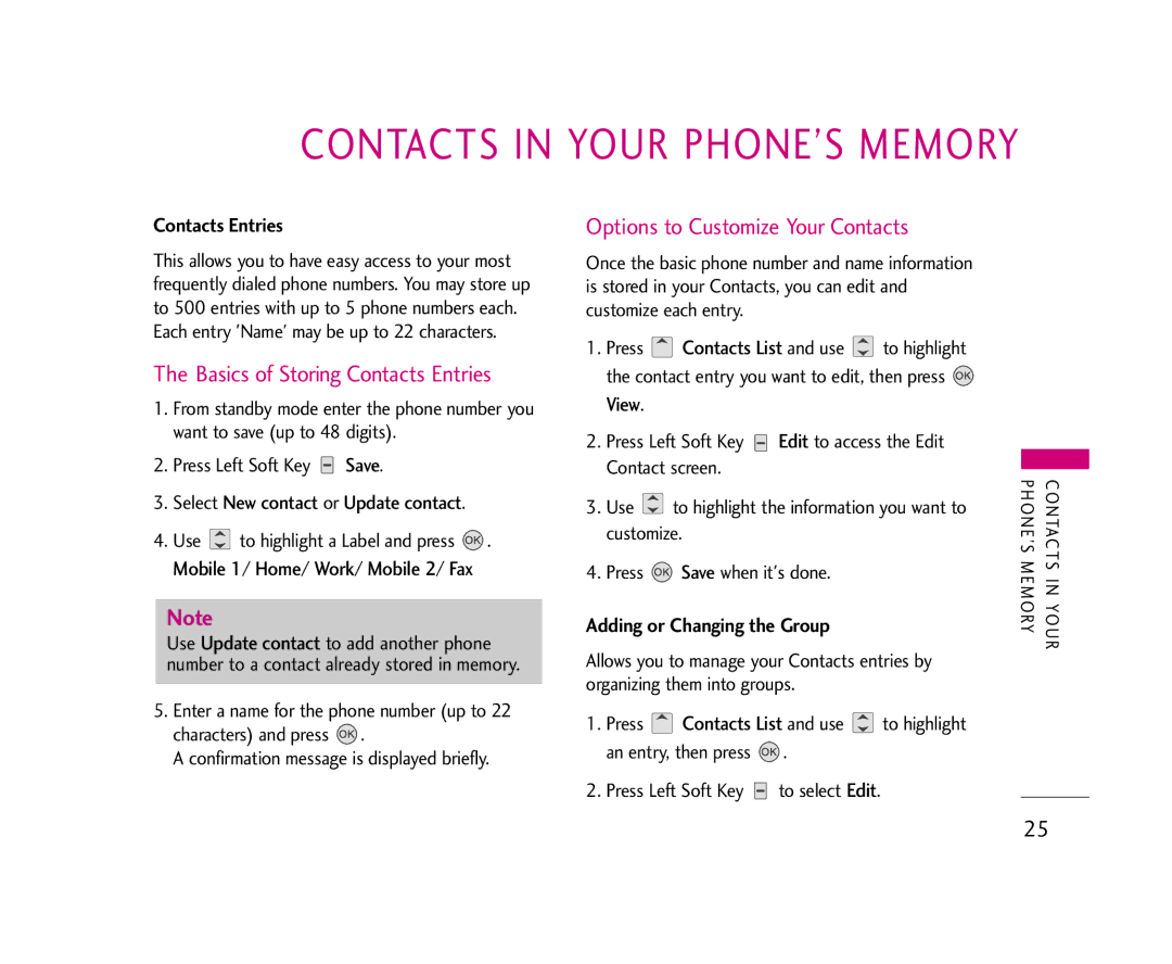 LG Electronics AX275 Basics of Storing Contacts Entries, Options to Customize Your Contacts, Adding or Changing the Group 