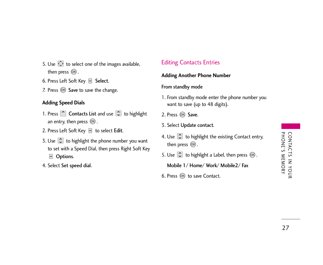 LG Electronics AX275 Editing Contacts Entries, Adding Speed Dials, Adding Another Phone Number, Press to save Contact 