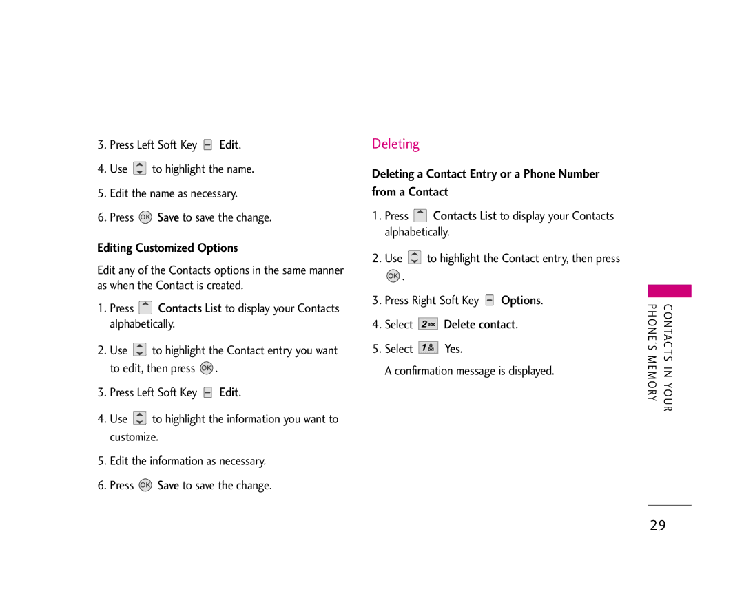 LG Electronics AX275 manual Editing Customized Options, Deleting a Contact Entry or a Phone Number from a Contact 