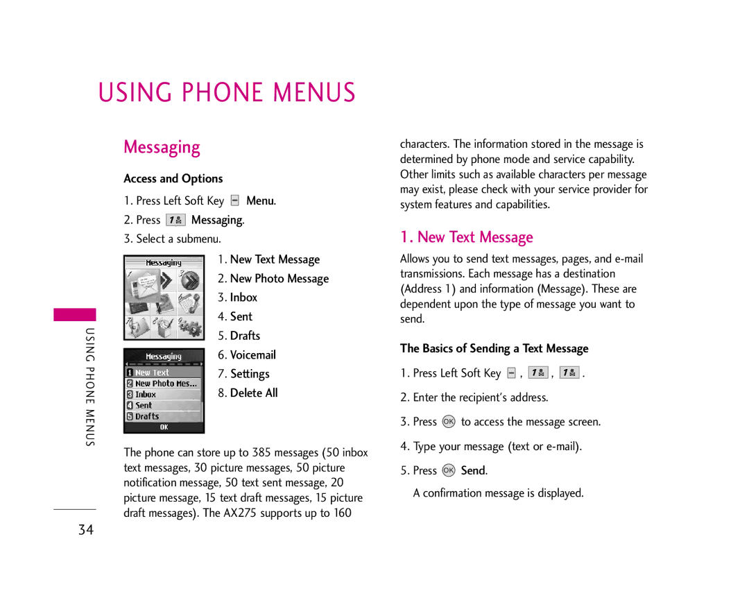 LG Electronics AX275 manual Messaging, New Text Message, Access and Options, Basics of Sending a Text Message 