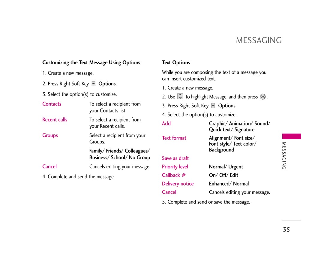 LG Electronics AX275 manual Messaging, Text Options 